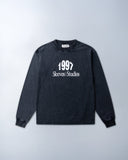 Washed grey 310gsm cotton long sleeve shirt, loose slightly cropped fit, bold “1997” graphic and Sleeves Studios logo on front, soft feel with structured drape