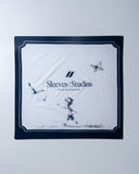  white and blue bandanna / headscarf with text "Wrap it with confidence baby"  and "Sleeves Studios" branding on a white background
