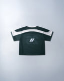 Green and white cropped mesh football jersey with boxy fit, breathable lightweight fabric, contrast shoulder panels, large “26” front print, and Sleeves Studios brand icon on back