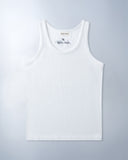 White cotton tank top, 100% cotton fabric, stretch fit, Sleeves Studios logo on back, SMILE BABY text printed