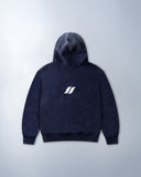 Washed navy oversized hoodie in premium heavyweight cotton, ultra-soft feel, with SLV logo and “Smile Baby” print on front, designed for comfort and vintage vibes by Sleeves Studios