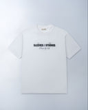 White t-shirt with black text on a light gray background 