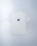 White t-shirt with a black logo on a light gray background