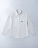 White shirt with a small blue logo on a light gray background - sleeves studios - white Button-up shirt - blue label - white shirt