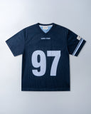 Navy mesh jersey with soft breathable texture, relaxed drapey fit, bold “97” front graphic with logo, white contrast details and double stripe on sleeve for sporty edge by Sleeves Studios