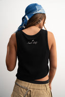 balck cotton tank top, 100% cotton fabric, stretch fit, Sleeves Studios logo on back, SMILE BABY text printed
