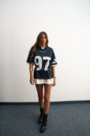Navy mesh jersey with soft breathable texture, relaxed drapey fit, bold “97” front graphic with logo, white contrast details and double stripe on sleeve for sporty edge by Sleeves Studios