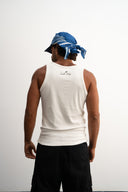 White cotton tank top, 100% cotton fabric, stretch fit, Sleeves Studios logo on back, SMILE BABY text printed
