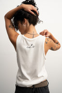 White cotton tank top, 100% cotton fabric, stretch fit, Sleeves Studios logo on back, SMILE BABY text printed