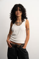 White cotton tank top, 100% cotton fabric, stretch fit, Sleeves Studios logo on back, SMILE BABY text printed