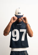 Navy mesh jersey with soft breathable texture, relaxed drapey fit, bold “97” front graphic with logo, white contrast details and double stripe on sleeve for sporty edge by Sleeves Studios