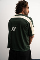 Green and white cropped mesh football jersey with boxy fit, breathable lightweight fabric, contrast shoulder panels, large “26” front print, and Sleeves Studios brand icon on back